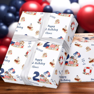 Cute Hippo Sailor Nautical Boat 2nd Birthday Boy Wrapping Paper