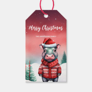 Cute HIPPO Santa Christmas tree party Snow kids Gift Tags