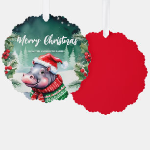 Cute HIPPO Santa Xmas Holiday Party Family Kids Ornament Card