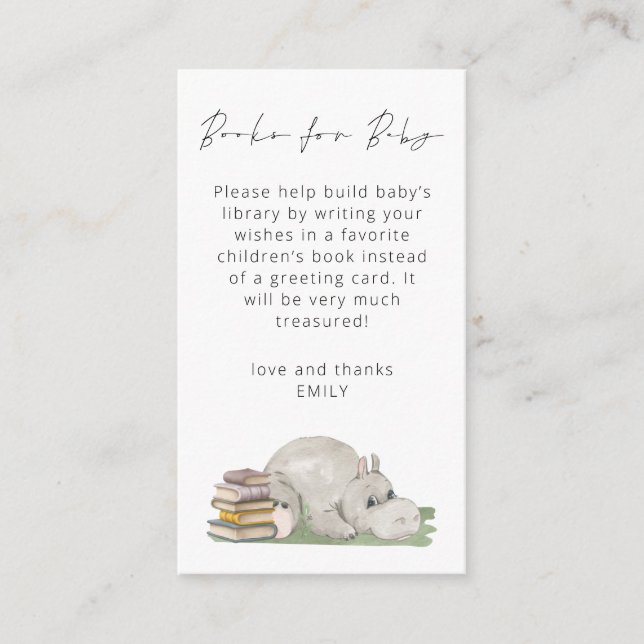 Cute Hippo Script Books for Baby Shower Enclosure Card (Front)