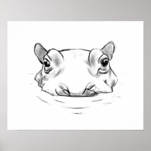 Cute hippo sketch poster