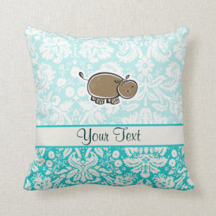 Cute Hippo; Teal Throw Pillow