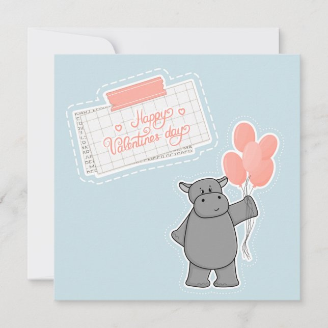 Cute hippo with balloons and Happy Valentines day Card (Front)