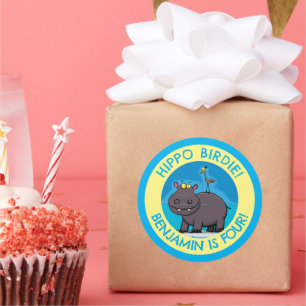 Cute hippo with bird personalized birthday cartoon classic round sticker