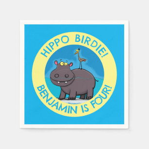 Cute hippo with bird personalized birthday cartoon napkin