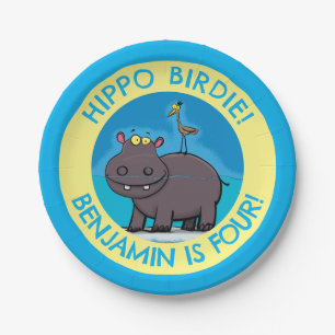Cute hippo with bird personalized birthday cartoon paper plate