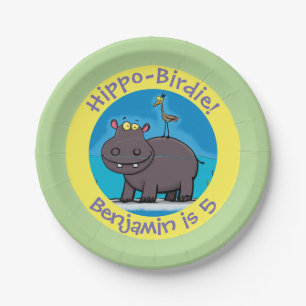 Cute hippo with bird personalized birthday cartoon paper plate