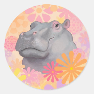 Cute Hippo With Flowers Classic Round Sticker
