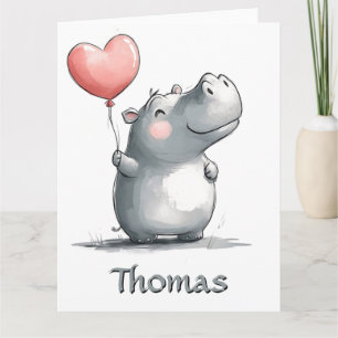 Cute Hippo with Heart Balloon Illustration Card