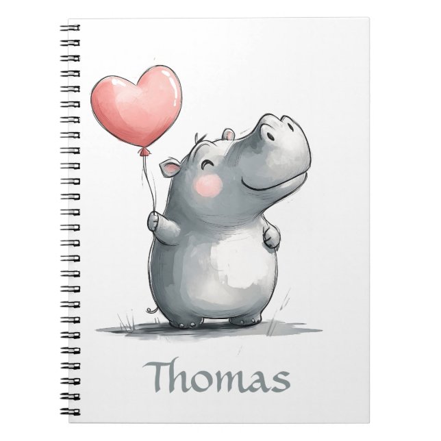 Cute Hippo with Heart Balloon Illustration Notebook (Front)