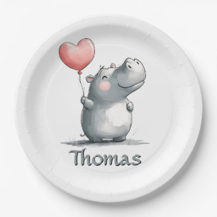 Cute Hippo with Heart Balloon Illustration Paper Plate
