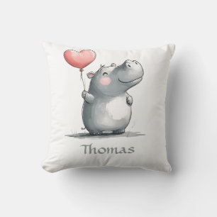 Cute Hippo with Heart Balloon Illustration Throw Pillow