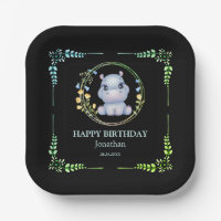 Cute Hippopotamus Flower Wreath Birthday Black
