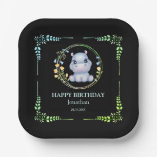 Cute Hippopotamus Flower Wreath Birthday Black Paper Plate