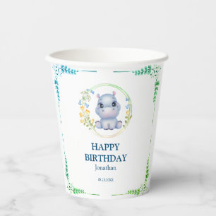 Cute Hippopotamus Flower Wreath Happy Birthday  Paper Cups