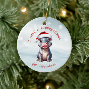 Cute Hippopotamus Santa Hat Snowy Christmas  Ceramic Ornament
