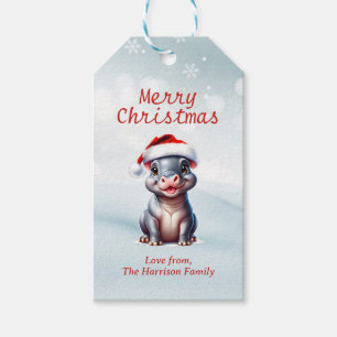 Cute Hippopotamus Santa Hat Snowy Christmas Gift Tags