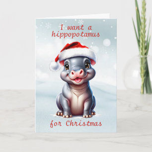Cute Hippopotamus Santa Hat Snowy Christmas  Holiday Card