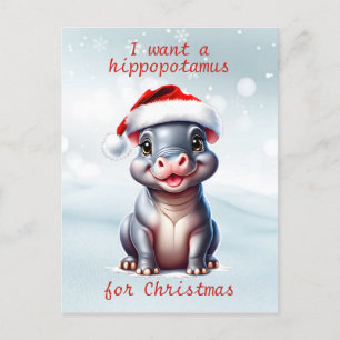 Cute Hippopotamus Santa Hat Snowy Christmas  Holiday Postcard