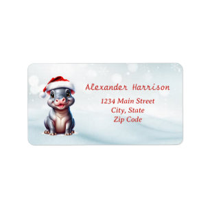 Cute Hippopotamus Santa Hat Snowy Christmas  Label