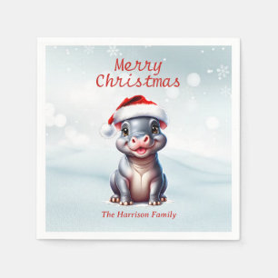 Cute Hippopotamus Santa Hat Snowy Christmas  Napkin