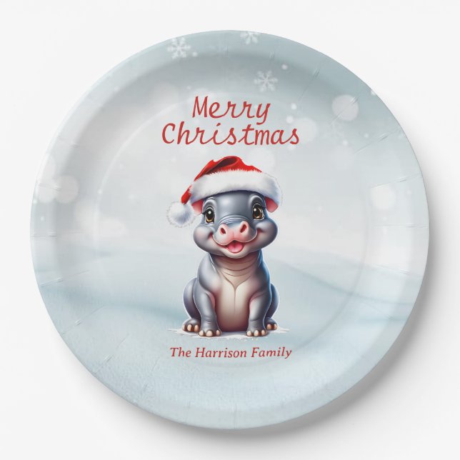 Cute Hippopotamus Santa Hat Snowy Christmas  Paper Plate (Front)