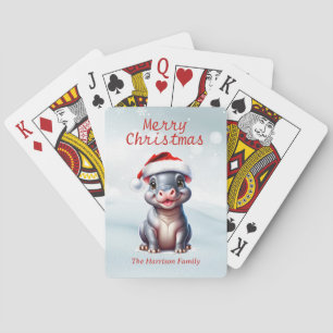 Cute Hippopotamus Santa Hat Snowy Christmas  Playing Cards