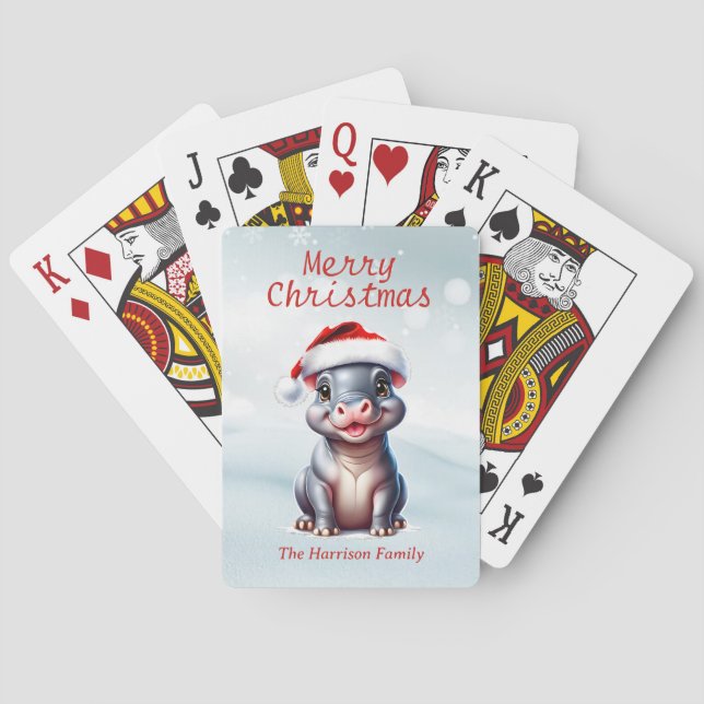 Cute Hippopotamus Santa Hat Snowy Christmas  Playing Cards (Back)