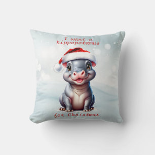 Cute Hippopotamus Santa Hat Snowy Christmas  Throw Pillow