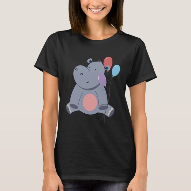 Cute Hippopotamus With Balloons T-Shirt (Front)