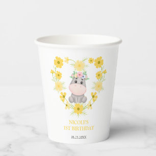 Cute Hippopotamus Yellow Flower Heart 1st Birthday Paper Cups
