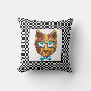 Cute Hipster Bear on B&W Chequerboard Throw Pillow