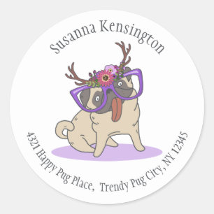 Cute Hipster Boho Hippie Pug Big Glasses Address Classic Round Sticker