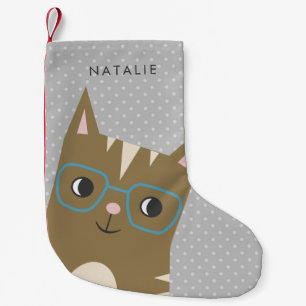Cute Hipster Cat Illustration   Add Your Name Small Christmas Stocking