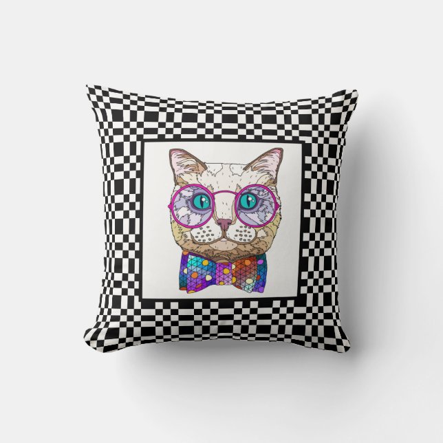 Cute Hipster Cat on B&W Chequerboard Throw Pillow (Front)
