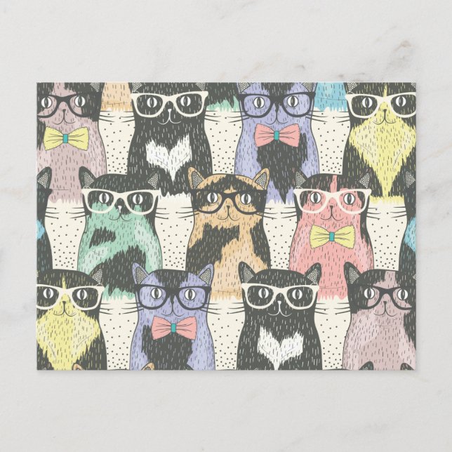 Cute Hipster Cats Pattern Postcard (Front)