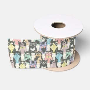 Cute Hipster Cats Pattern Satin Ribbon