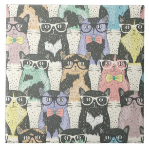 Cute Hipster Cats Pattern Tile