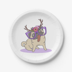 Cute Hipster Floral Antlers Hippie Pug Glasses Paper Plate