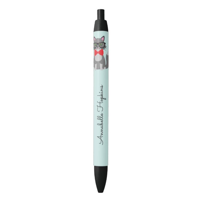 Cute Hipster Grey Nom du chat Stylo d'encre noire (devant Vertical)