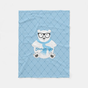 Cute Hipster Polar Bear Blue Personalized Fleece Blanket