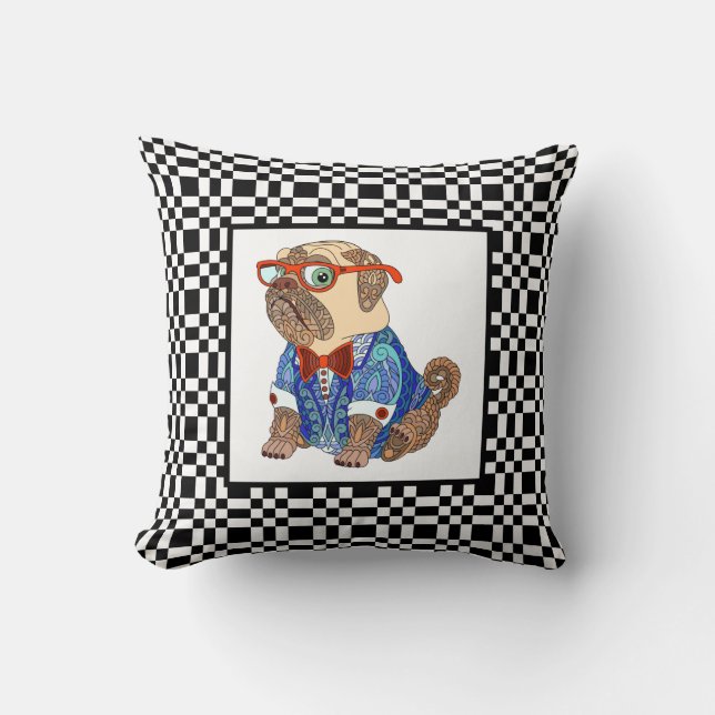 Cute Hipster Pug on B&W Chequerboard Throw Pillow (Front)