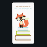 Cute Hipster Red Fox Bookplate<br><div class="desc">Adorable illustration of a cute fox wearing an oversized pair of reading glasses sitting on top of a stack of books.</div>