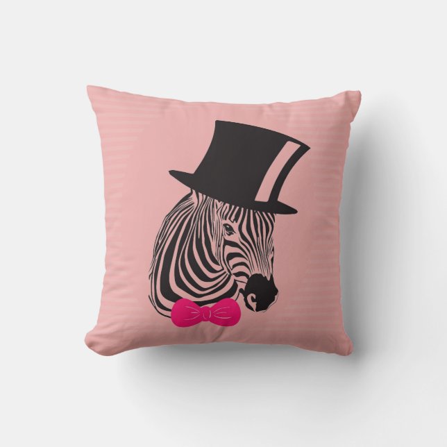 Cute Hipster Zebra with pink bow tie and top hat Throw Pillow (Front)