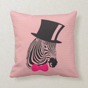 Cute Hipster Zebra with pink bow tie and top hat Throw Pillow