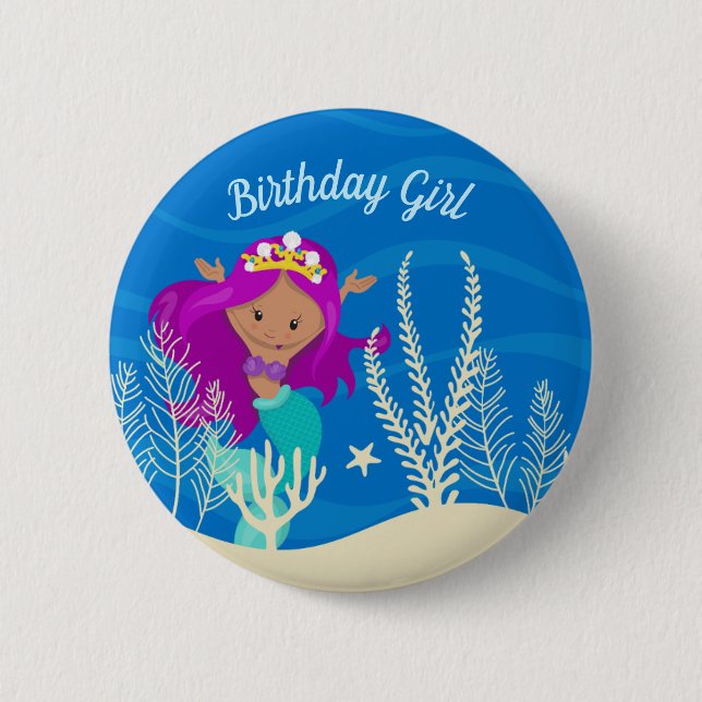 Cute Hispanic Mermaid Birthday Girl Monogram Ocean 2 Inch Round Button (Front)