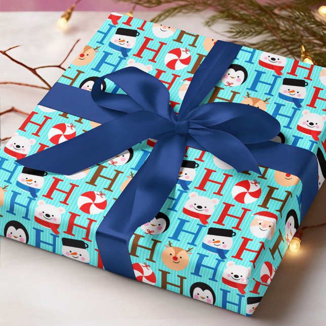 Cute Ho Ho Ho Kids Christmas Blue Modern Holidays Wrapping Paper (Creator Uploaded)