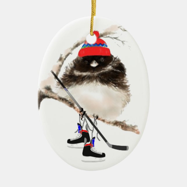 Cute Hockey Bird in Hat, Christmas Humour, Junco Ceramic Ornament (Front)
