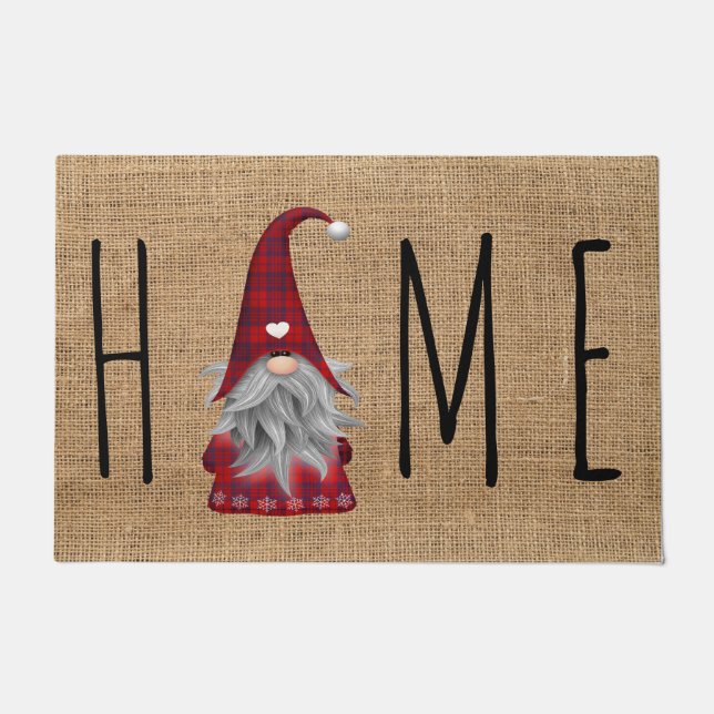 Cute Holiday Christmas Plaid Gnome Home Doormat (Front)