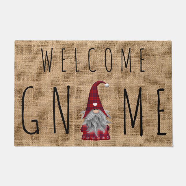 Cute Holiday Christmas Plaid Welcome Gnome Doormat (Front)